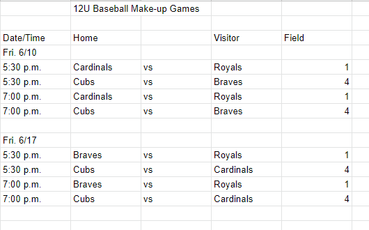 12U Baseball Make-up Games