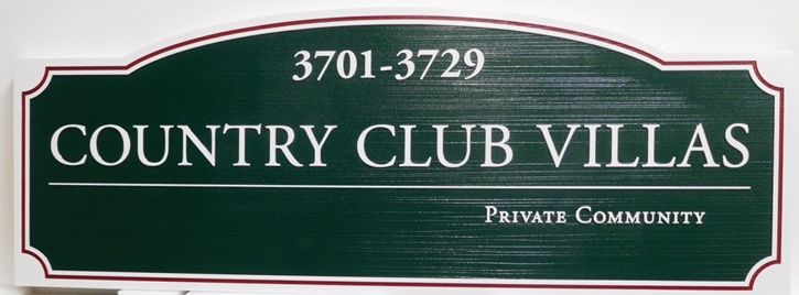 KA20849 - Carved Unit Number Directional Sign for an Country Club Villas, with Sandblasted Wood Grain Background