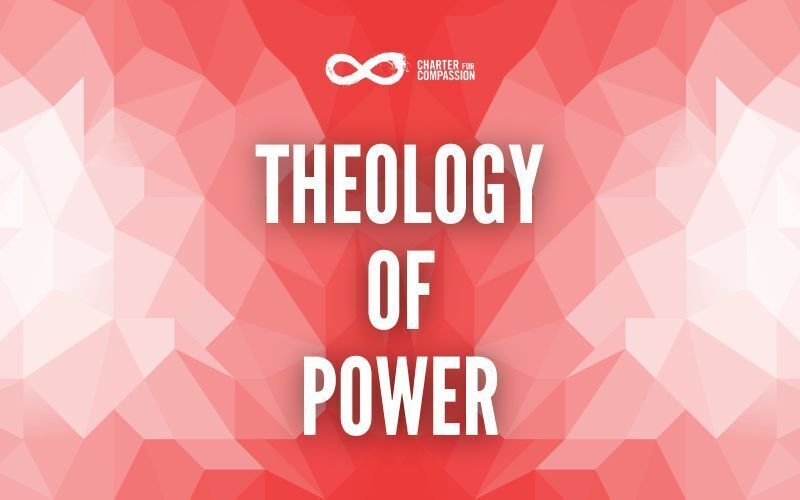 Theology of Power in white, over a geometric red and pink background