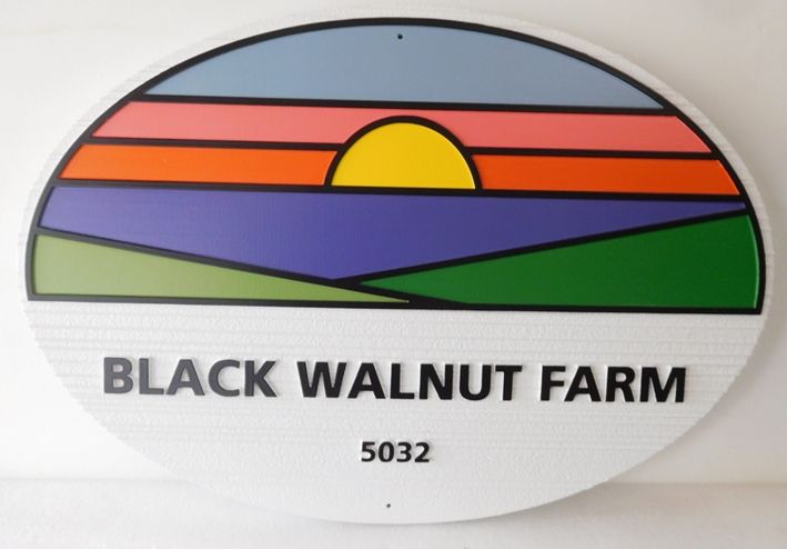 O24728 -  Carved Entrance Sign for the "Black Walnut Farm"  with Sunset over Fields as Stylized  Artwork