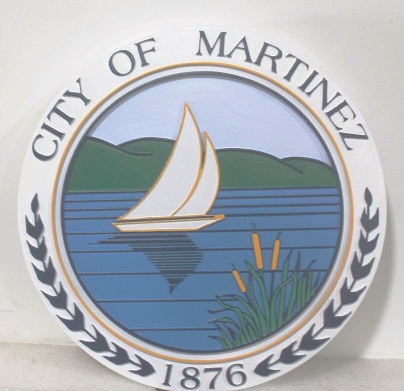 DP-1648 - - Carved Plaque of the Seal of the City of  Martinez, California,  , 2.5-D Raised Relief, Artist-Painted 