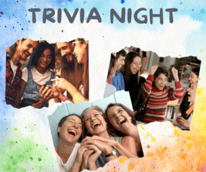 Three separate pictures of groups of people laughing and enjoying a game of trivia.