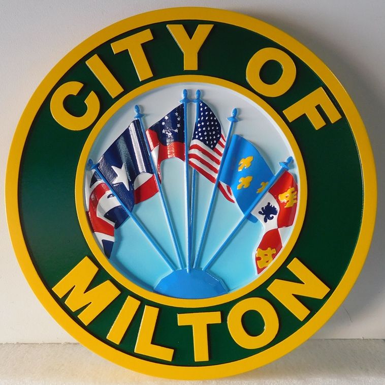 X33096 - 3-D Carved  HDU  Plaque of the Seal of the City of Milton (with Multi-national Flags)