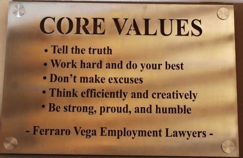 A10894- Engraved  Bronze Metal Plated HDU Office Wall  Sign "Core Values" 