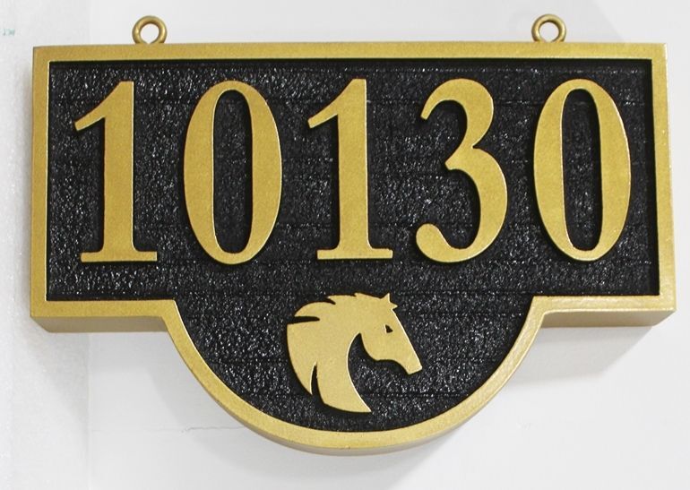 KA20919A - Carved Residence Unit Number Sign, with Horses Head as Artwork and Eyehooks for Hanging Sign from a Scroll Bracket