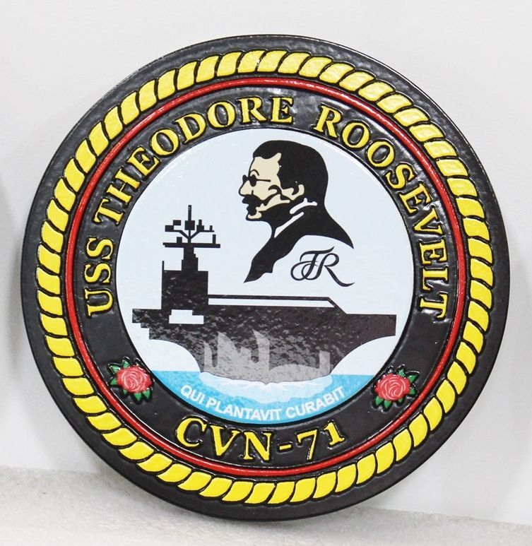 JP-1278 - Carved 2.5-D Multi-level Raised Relief HDU Plaque of the Crest/Seal of the  USS Theodore Roosevelt, a  Nimitz-class, nuclear-powered, aircraft carrier, CVN-7