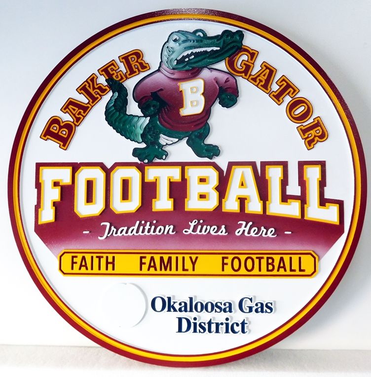 WP-1190 - Carved Wall Plaque of Logo for Baker Gator Football,  Artist Painted