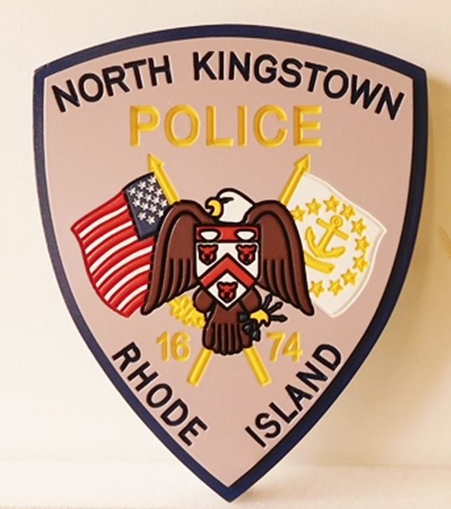 PP-2120 - Carved  Wall Plaque of the Shoulder Patch of the North Kingston Police, Rhode Island, Artist Painted