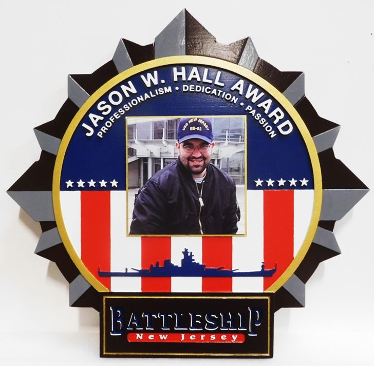 ZP-6004 - Carved Photo Wall Plaque for the Jason W. Hall Award, for the Battleship New Jersey, 3-D.