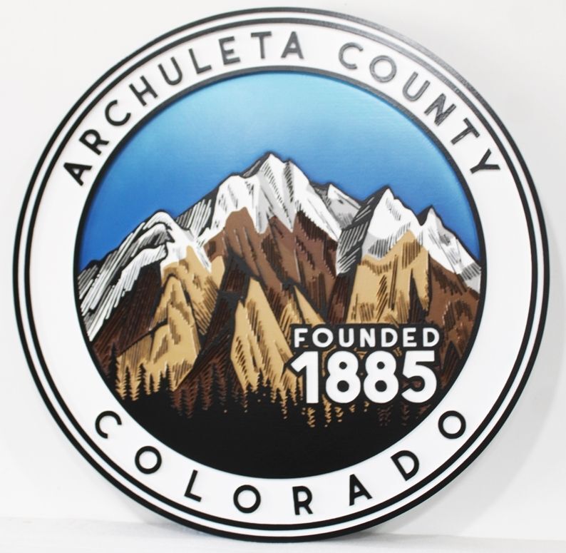 CP-1050 - Carved 2.5-D HDU Plaque of the  Seal of  Archuleta County, Colorado, Artist-Painted