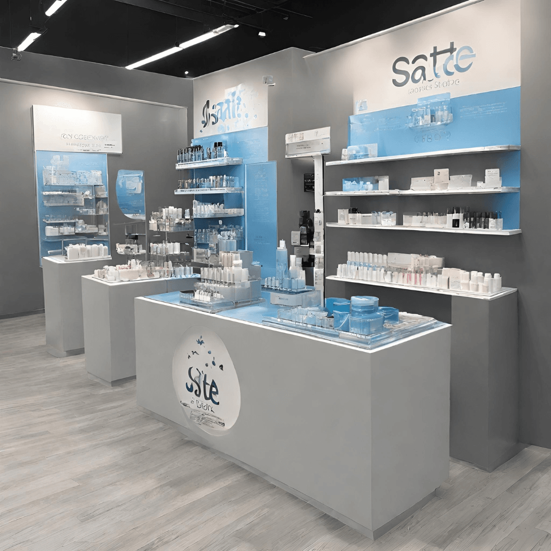 Point of Purchase Display for cosmetics in blue and gray