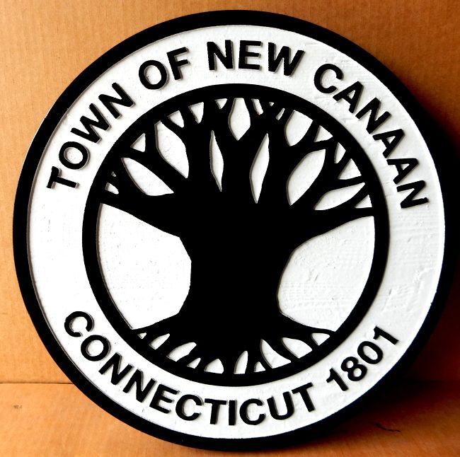 DP-1740 - Carved Plaque of the Seal of the Town of New Canaan, Connecticut,  Artist Painted