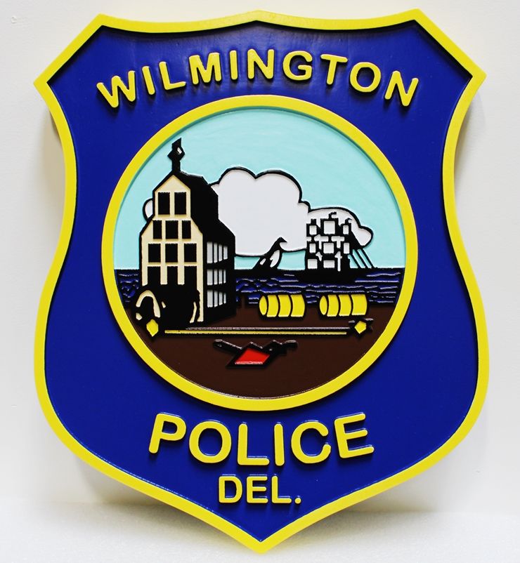 PP-3250 - Carved Plaque of an Emblem of the Police Department of Wilmington, Delaware, 2.5-D Artist-Painted 