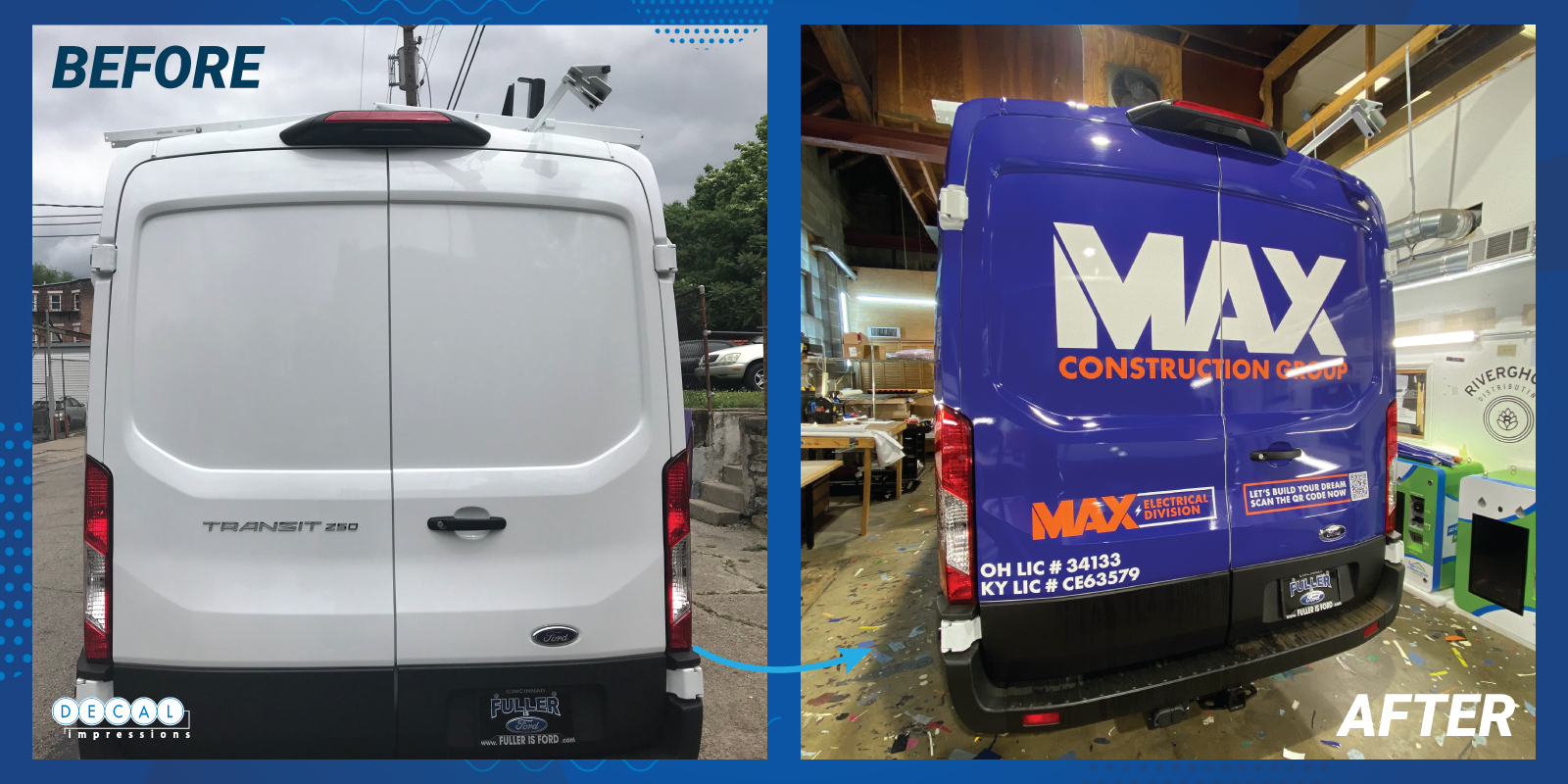 Max Construction Group van before and after adding a partial vehicle wrap
