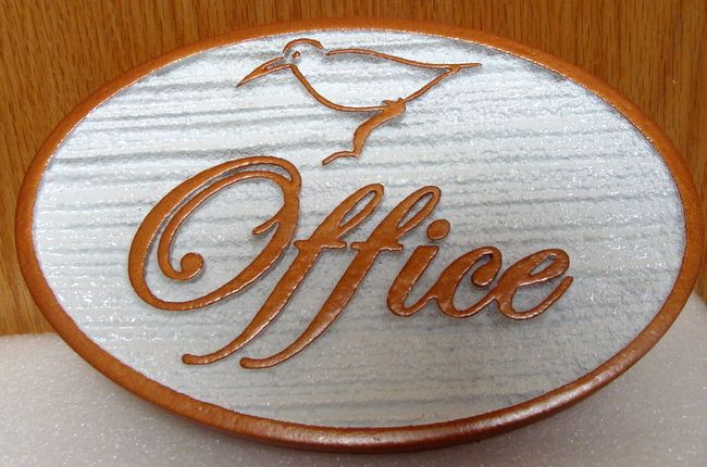 T29403 -  Carved and Sandblasted (Wood Grain Pattern) Elliptical  HDU Office Sign, with Bird as Artwork