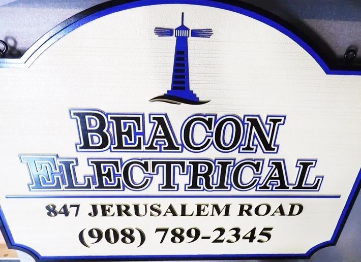 SC38318 -  Carved and Sandblasted Wood Grain  HDU Commercial Sign  for the "Beacon Electrical Company", 2.5-D Artist-Painted