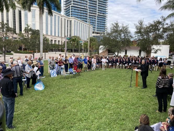 Bishop Gerald M. Barbarito speaks before starting the recitation of the rosary, Jan. 20, 2023, outside the historic Palm Beach County Courthouse in downtown West Palm Beach.  The annual event is held as a public witness to the sanctity and dignity of all 