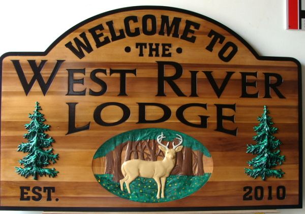 T29082 - Carved Cedar Entrance Sign for "West River Lodge" with Deer and Fir Trees