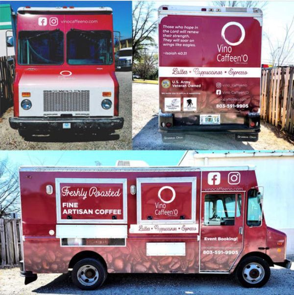 Custom food truck wrap graphics installed on Vino Caffeino mobile coffee truck