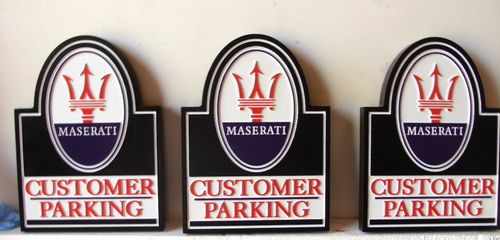 H17364  - Carved  HDU "Customer Parking" Signs for Maserati Dealer, with Carved and Artist-Painted Logo