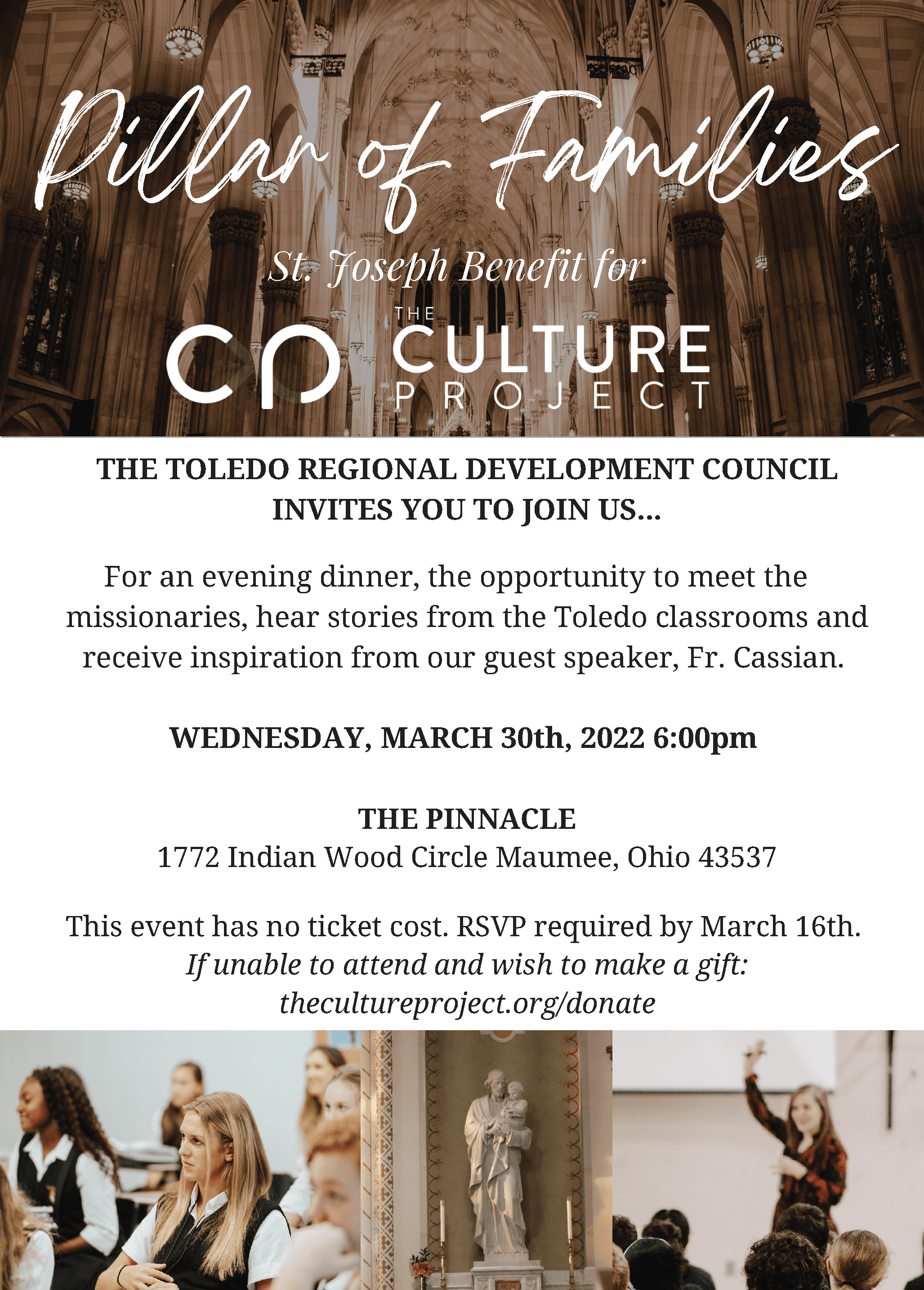 The Toledo Regional Development Council invites you to enjoy an evening dinner, the opportunity to meet the Diocese of Toledo Culture Project missionaries, hear their stories and receive inspiration from our guest speaker, Fr. Cassian Edwards, OSB.