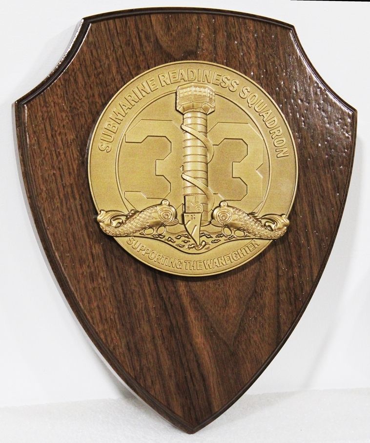 JP-2122- Mahogany Shield Plaque with Carved 3-D Bas-Relief Crest of Submarine Readiness Squadron 33 