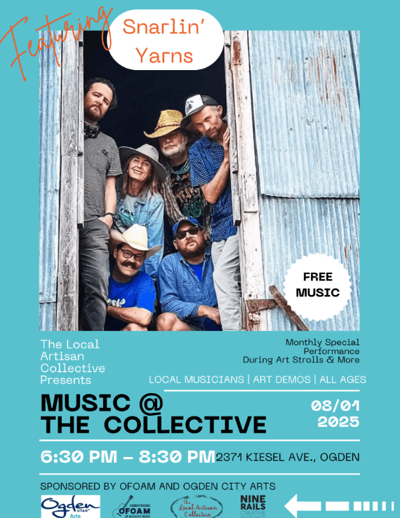 Music @ The Collective with The Snarlin’ Yarns on August 1st from 6:30 to 8:30 With the Snarlin’s Yarns, In Front of the Store, FREE Show at the Artisan Collective