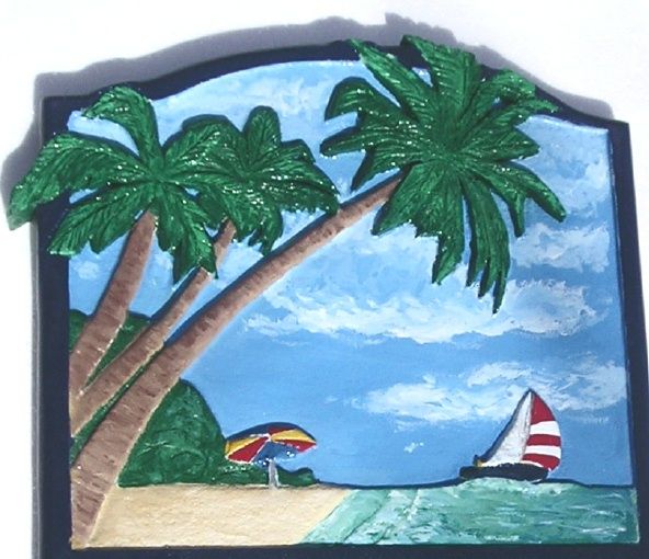 L21124 - Carved, Hand-Painted Sign of Beach, Ocean, Sky, Clouds, Sailboat and Mountains