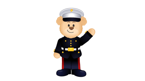 Gunny Teddy bear in a Marine uniform waving.