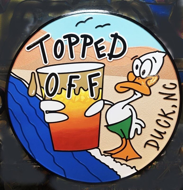 L21659 - Carved Beach House Sign, "Topped Off"” , featuring  a Cartoon Duck  with a Drink on a Beach