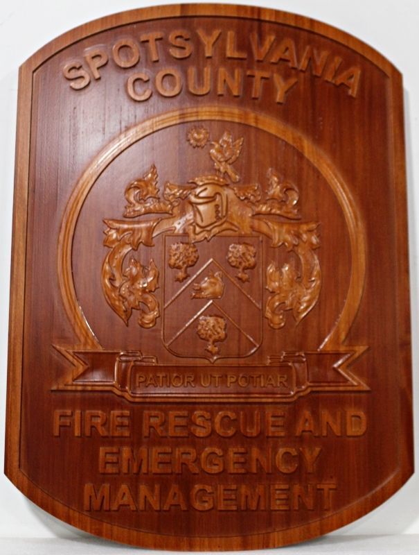QP-3077 - Carved Spotsylvania County Fire Rescue and Emergency Management Plaque, 3-D Carved Mahogany