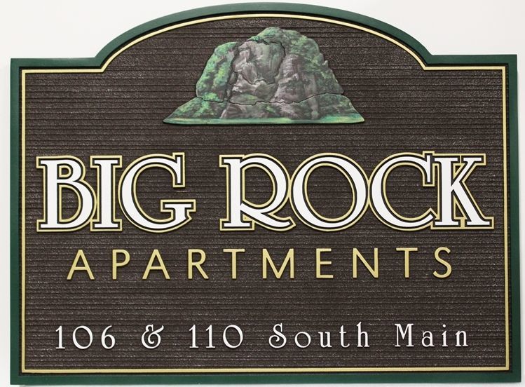 K20401 -  Carved 2.5-D Raised Relief and Sandblasted Wood Grain High-Density-Urethane (HDU)  Residential Community   Sign "Big Rock Apartments".