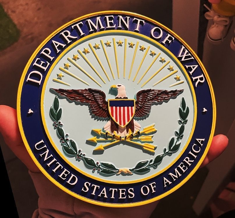 IP-1015 - Small (5 inch diameter) Plaque of Department of War Seal, fabricated from Resin with 3D Printer,  and Artist-Brush Painted