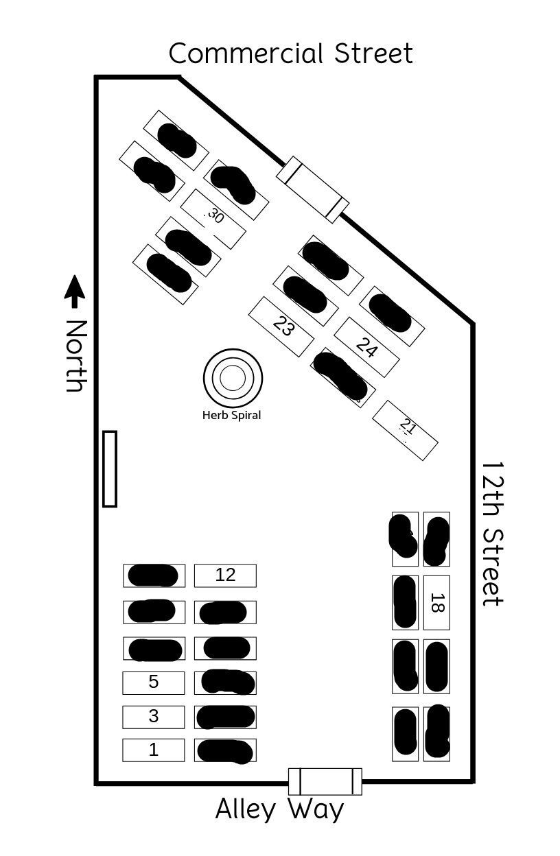 A map of the community garden with numbered boxes for individual plots