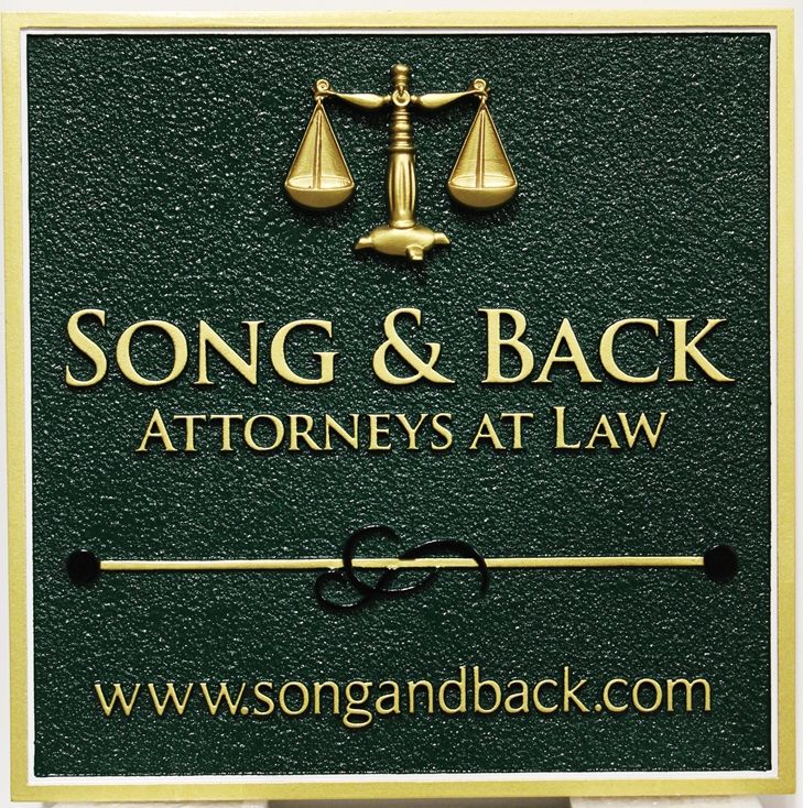 A10426 - Carved and Sandblasted  HDU entrance sign was made for the offices of Song & Back, Attorneys-at-Law, with 3D Scales of Justice.