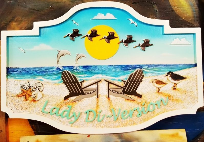 L21031 – Carved 2.5D HDU Beach House Sign “Lady Di-Version'” with Two Chairs facing Ocean, with Pelicans and Porpoises
