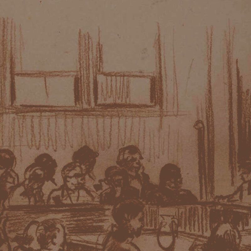 Sepia drawing of people seated in a courtroom with large windows in the background.