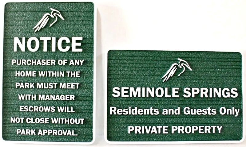 KA20748 - Carved and Sandblasted "Notice" and "Seminole Springs Residents and Guests Only Private Property" Signs 