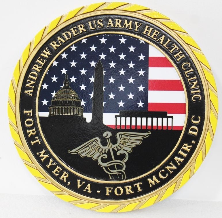 MP-2091 - Carved 2.5-D Multi-Level Raised Relief HDU  Wall Plaque of the Seal for the Andrew Rader US Army Health Clinic at Fort Myer, Virginia and Fort McNair in Washington, D.C.