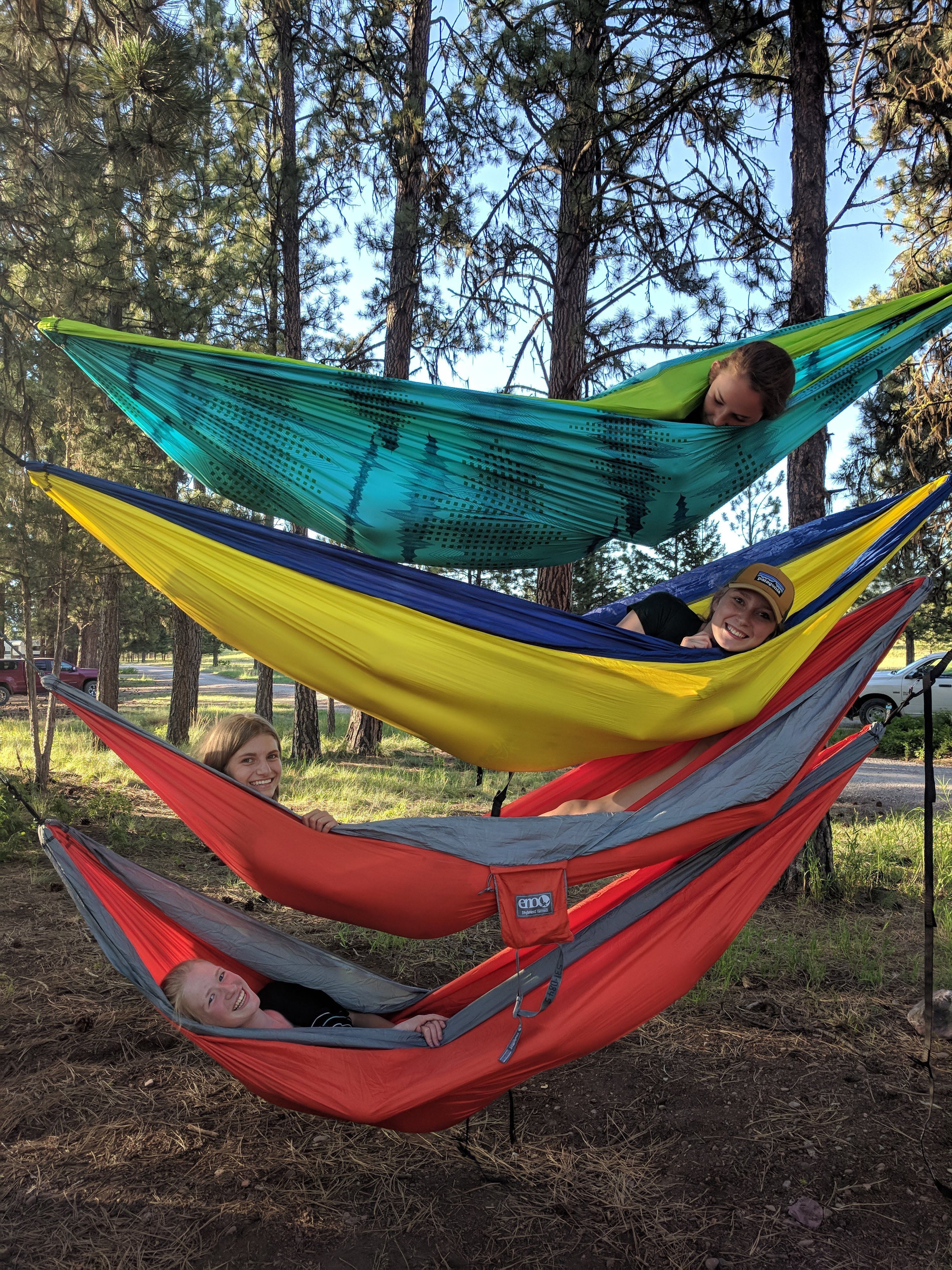 Youth crew members taking a break on an overnight work trip. 