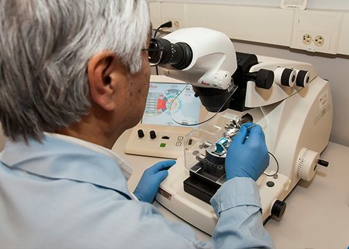 Scientist using a microscope