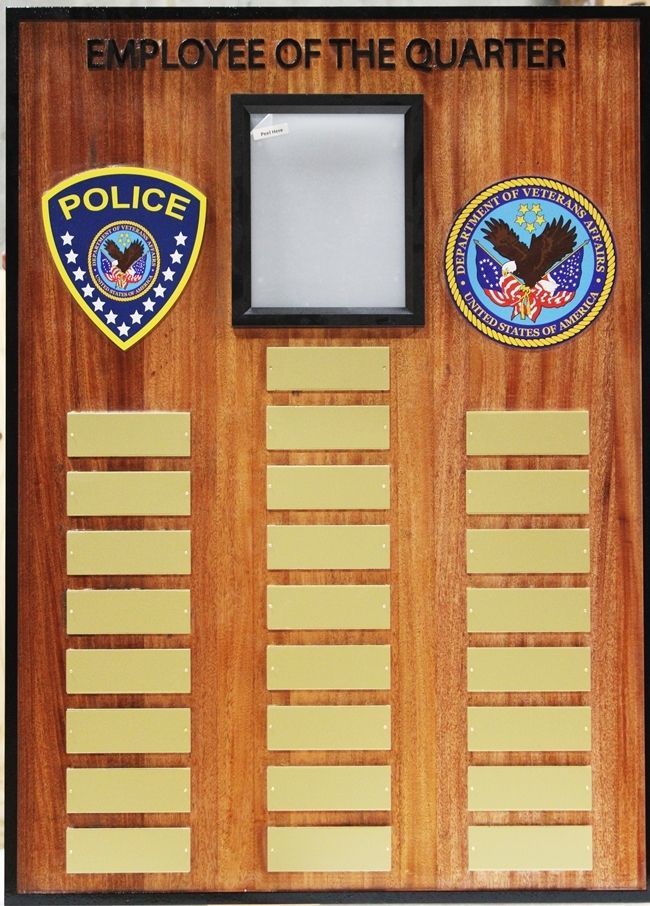 PP-3445 - Carved Mahogany Wood Photo Award Board for Employee of the Quarter,  Police Division,  Department of Veteran's Affairs