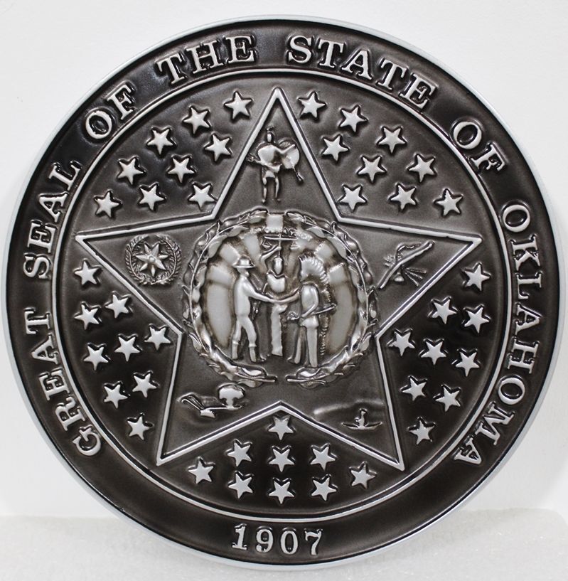 BP-1458 - Carved 3-D Bas-Relief HDU Plaque of the Great Seal of the State of Oklahoma, Bronze-Plated