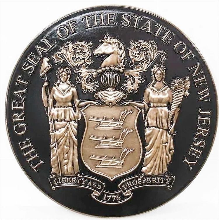 BP-1443 - Carved 3-D Bas-Relief Bronze-Plated HDU Plaque of the Great Seal of the State of New Jersey 