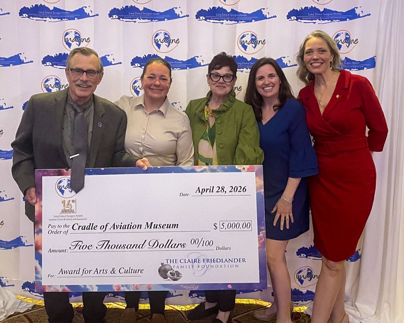 Cradle of Aviation Museum team accepting the Claire Friedlander Family Foundation Arts & Culture Award at the Long Island Imagine Awards on April 28, 2026.
