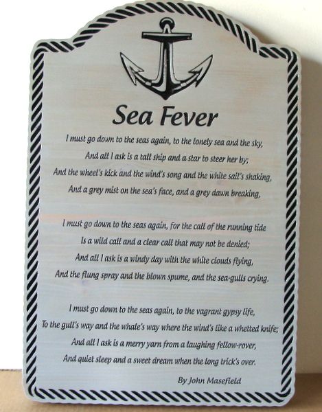 JG917 - Engraved Cedar Wall Plaque, with Poem "Sea Fever" by Jon Masefield and Anchor 