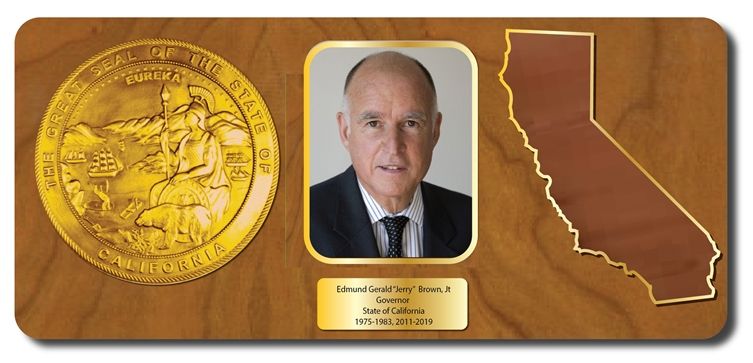 BP-1080- Retirement Plaque for Governor "Jerry" Brown, Mahogany Veneer with Giclee Appliques