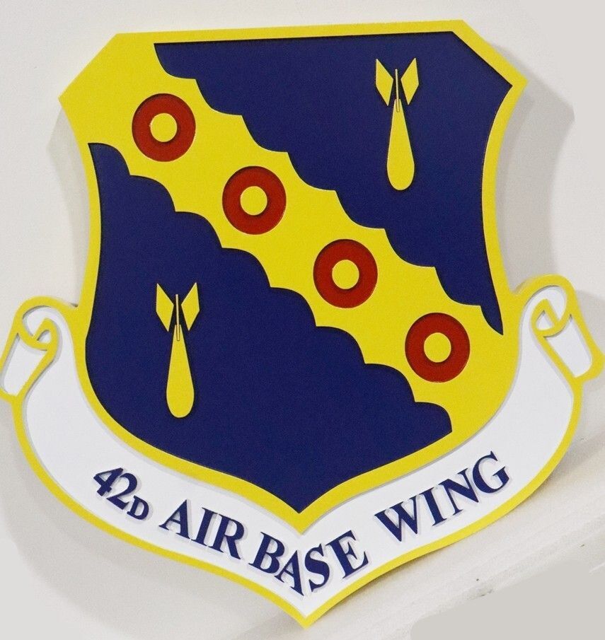 LP-2707 - Carved 2.5-D Multi-Level Shield-Shaped Plaque of the Insignia of the 42nd Air Base Wing, Artist-painted