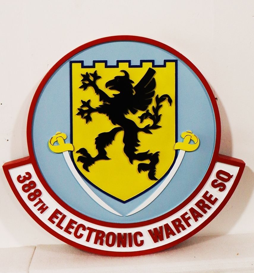 LP-4126A - Carved 2.5-D Multi-Level Raised Relief HDU Plaque of the Crest of the 388th Electronic Warfare Squadron, Artist-Painted