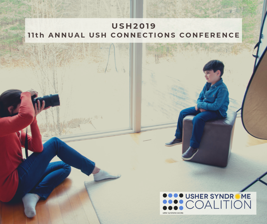 Text at the top of the graphic reads "USH2019 11th Annual USH Connections Conference". A woman wearing blue jeans and a coral sweatshirt is sitting on the ground aiming her camera at a little boy. The boy is sitting on a brown leather stool. He is wearing